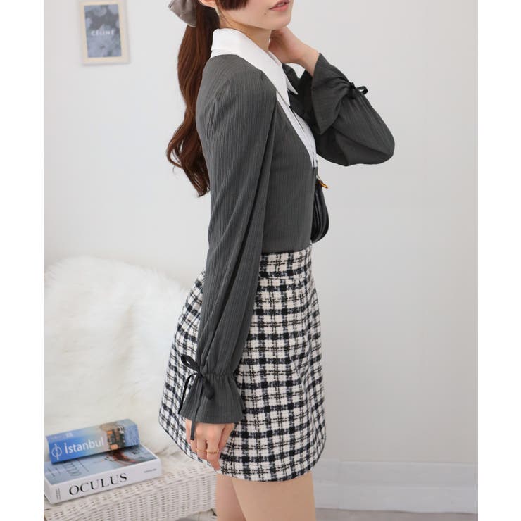 サテンリボンブラウス+リブカットソードッキング 長袖トップス | Pumpkin  Port | 詳細画像13 