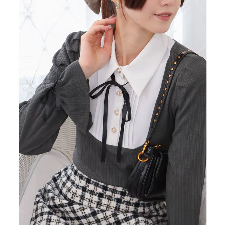 サテンリボンブラウス+リブカットソードッキング 長袖トップス | Pumpkin  Port | 詳細画像16 