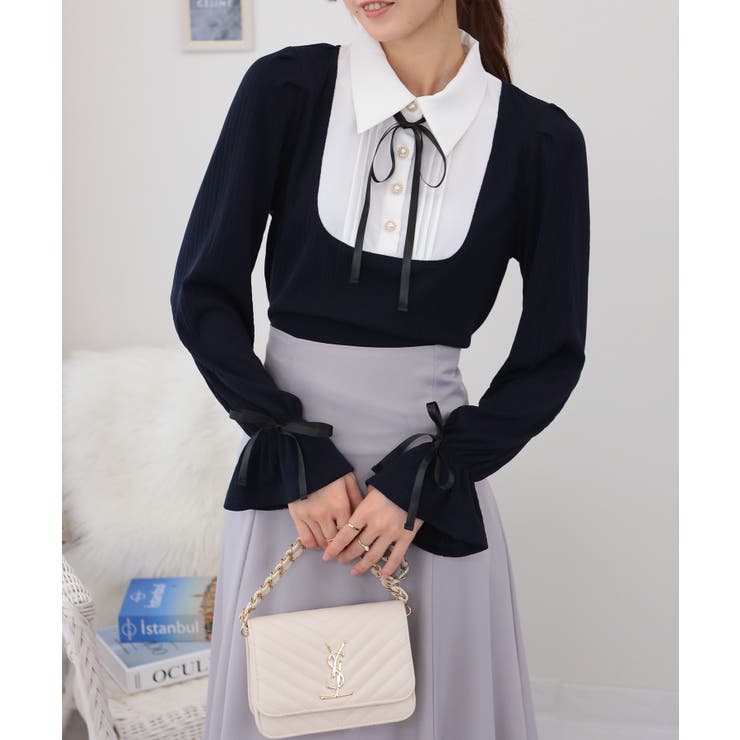 サテンリボンブラウス+リブカットソードッキング 長袖トップス | Pumpkin  Port | 詳細画像17 