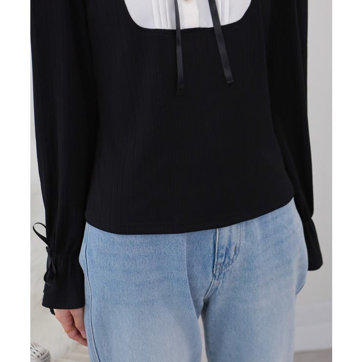 サテンリボンブラウス+リブカットソードッキング 長袖トップス | Pumpkin  Port | 詳細画像29 