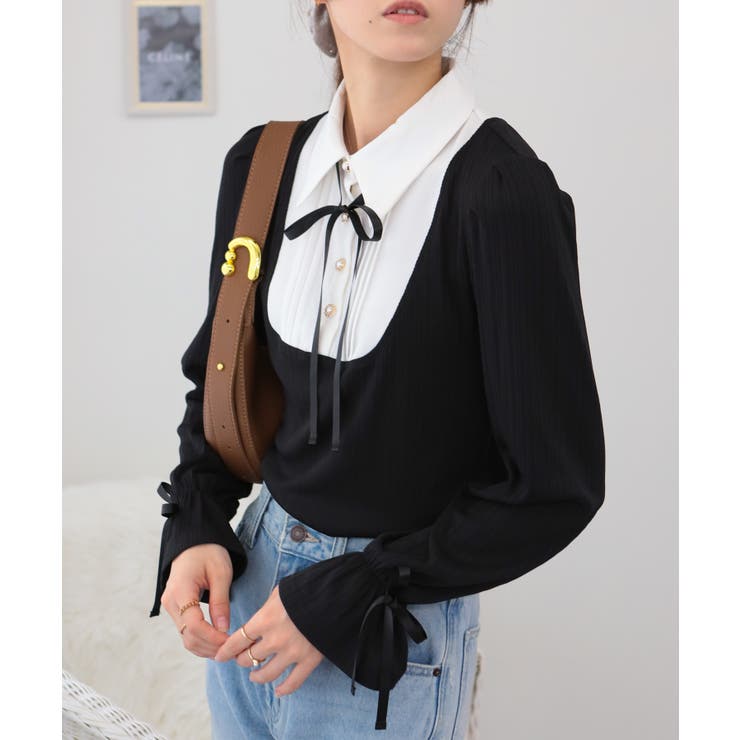 サテンリボンブラウス+リブカットソードッキング 長袖トップス | Pumpkin  Port | 詳細画像7 