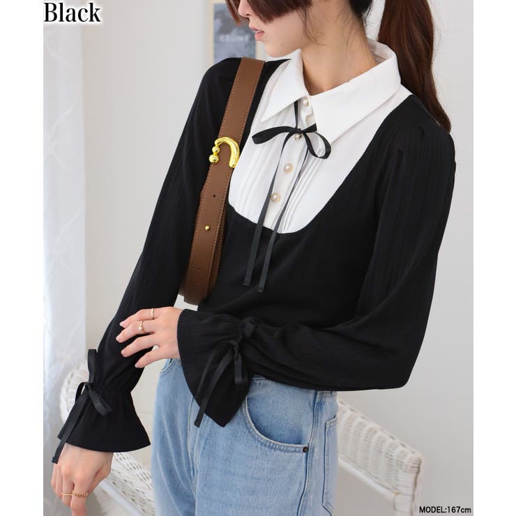 ブラック | サテンリボンブラウス+リブカットソードッキング 長袖トップス | Pumpkin  Port