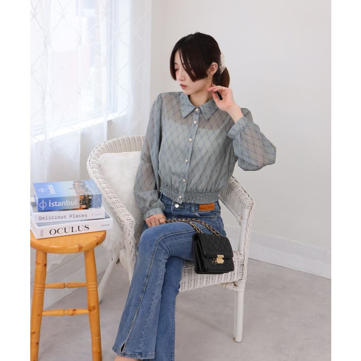 バイアスチェック 裾シャーリング クロップド丈 長袖 ブラウス | Pumpkin  Port | 詳細画像11 