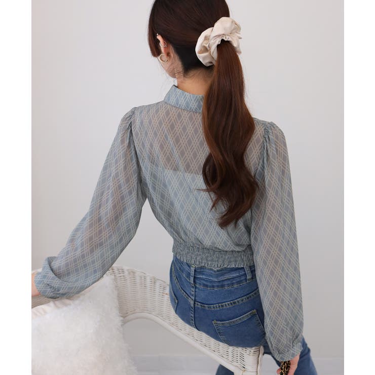 バイアスチェック 裾シャーリング クロップド丈 長袖 ブラウス | Pumpkin  Port | 詳細画像13 