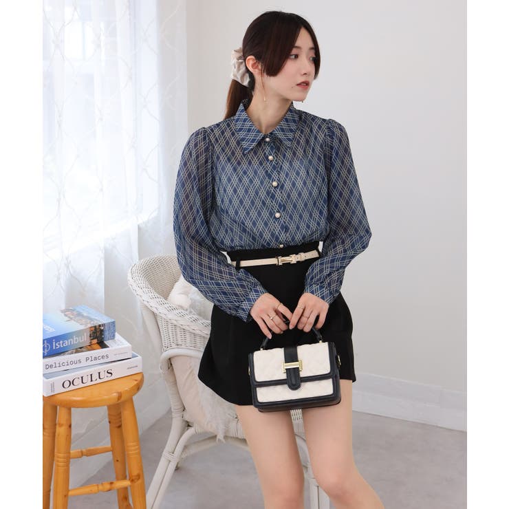 バイアスチェック 裾シャーリング クロップド丈 長袖 ブラウス | Pumpkin  Port | 詳細画像16 