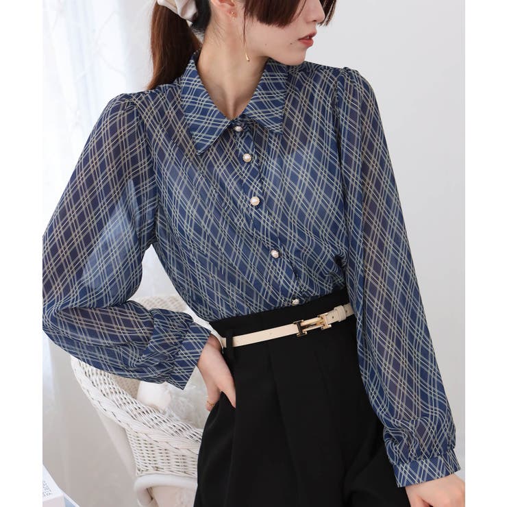 バイアスチェック 裾シャーリング クロップド丈 長袖 ブラウス | Pumpkin  Port | 詳細画像17 