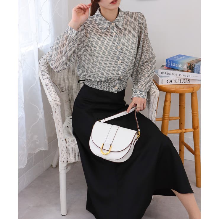 バイアスチェック 裾シャーリング クロップド丈 長袖 ブラウス | Pumpkin  Port | 詳細画像3 