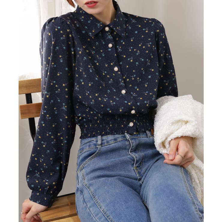 ドット＆花柄 裾シャーリング 長袖 ブラウス | Pumpkin  Port | 詳細画像16 