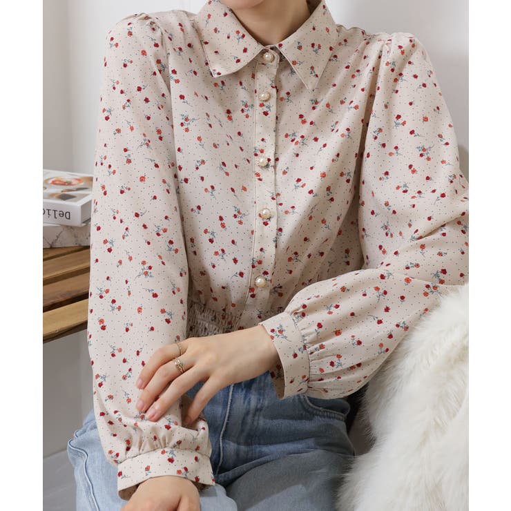 ドット＆花柄 裾シャーリング 長袖 ブラウス | Pumpkin  Port | 詳細画像4 