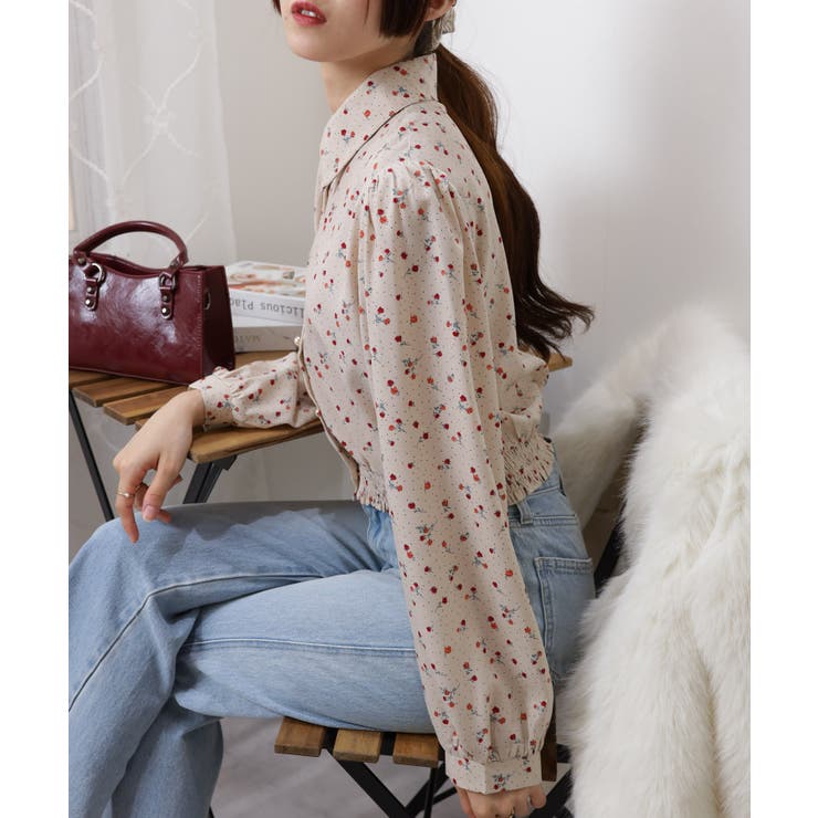 ドット＆花柄 裾シャーリング 長袖 ブラウス | Pumpkin  Port | 詳細画像5 