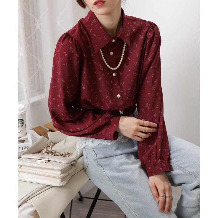 ドット＆花柄 裾シャーリング 長袖 ブラウス | Pumpkin  Port | 詳細画像8 