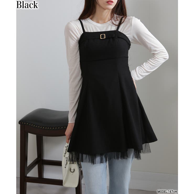 ブラック | 裾チュールレース ベルト付 ミニチュニックワンピース | Pumpkin  Port