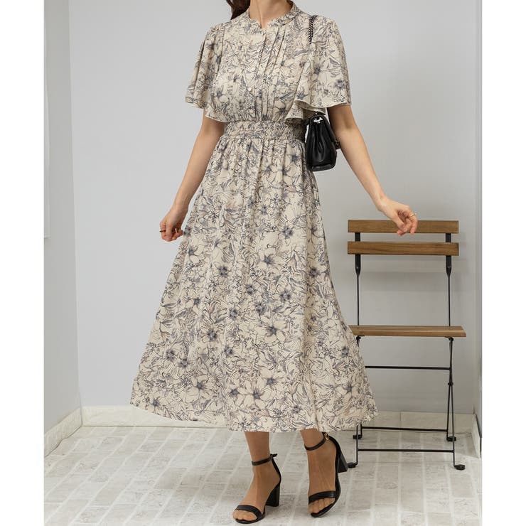 ★ChicLine★ ハデン袖ボタンフレアワンピース ボートネック パールボタンカフス付 フレア ワンピース S〜XXL