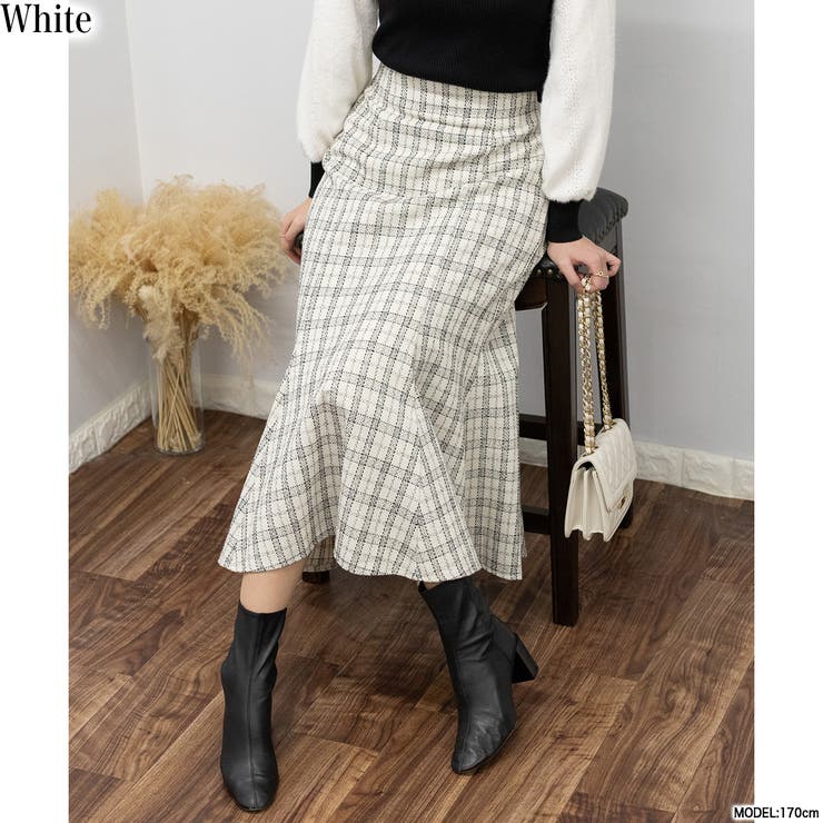 ホワイト | 大人めツィードチェック マーメイドロングスカート | Pumpkin  Port