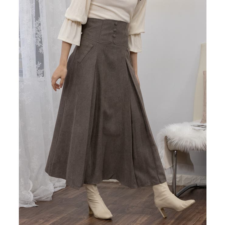 ハイウエスト コルセットベルト風 BOXプリーツ ロングスカート