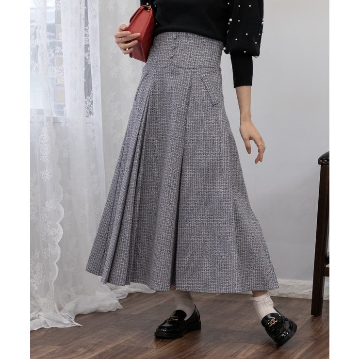 ラメツィード ハイウエスト コルセットベルト風 BOXプリーツ ロング