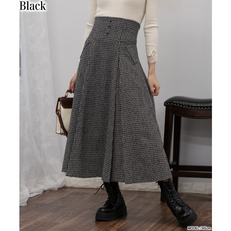 ラメツィード ハイウエスト コルセットベルト風 BOXプリーツ ロング