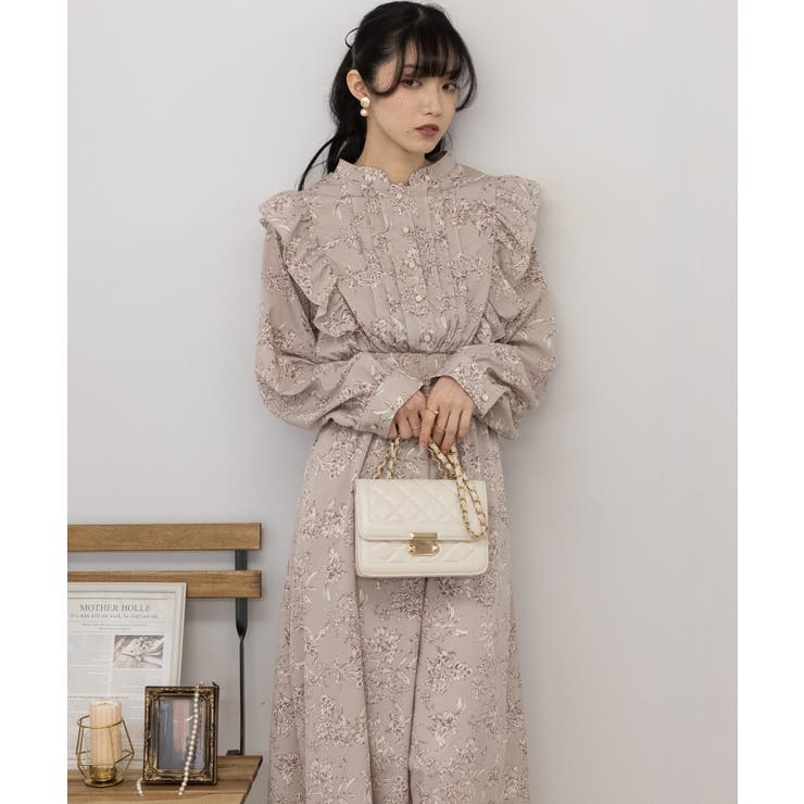 ボンポワン 花柄フリル長袖クリスマスクチュールワンピース　サイズ10 花柄ピンタックフリル ロングワンピース[品番：PPNW0004050]｜Pumpkin