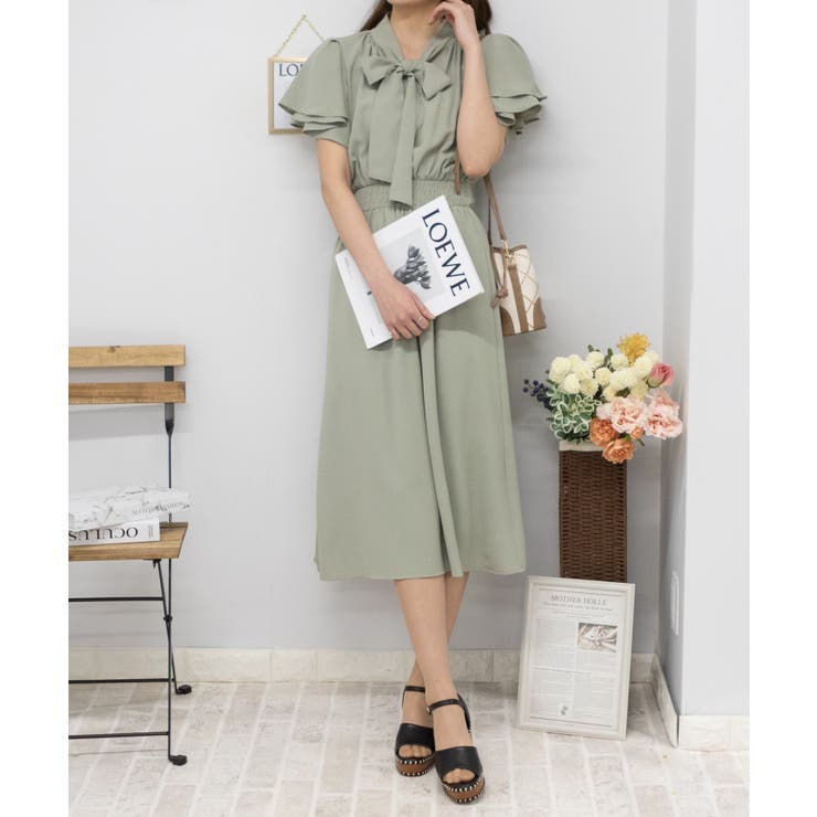 2枚フリル袖 リボンタイ ロングワンピース[品番：PPNW0004159