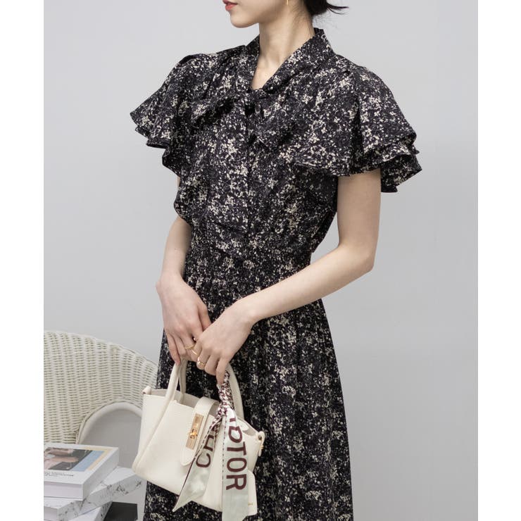 花柄 2枚フレア袖 リボン襟 ロングワンピース[品番：PPNW0004149