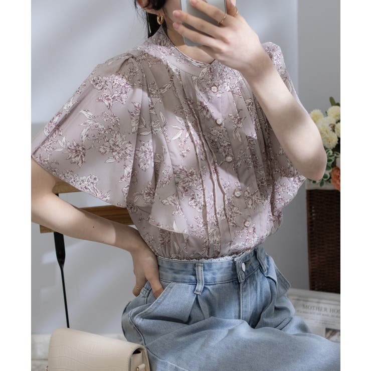 パールボタン ピンタック フレア袖 クロップド ブラウス | Pumpkin  Port | 詳細画像12 