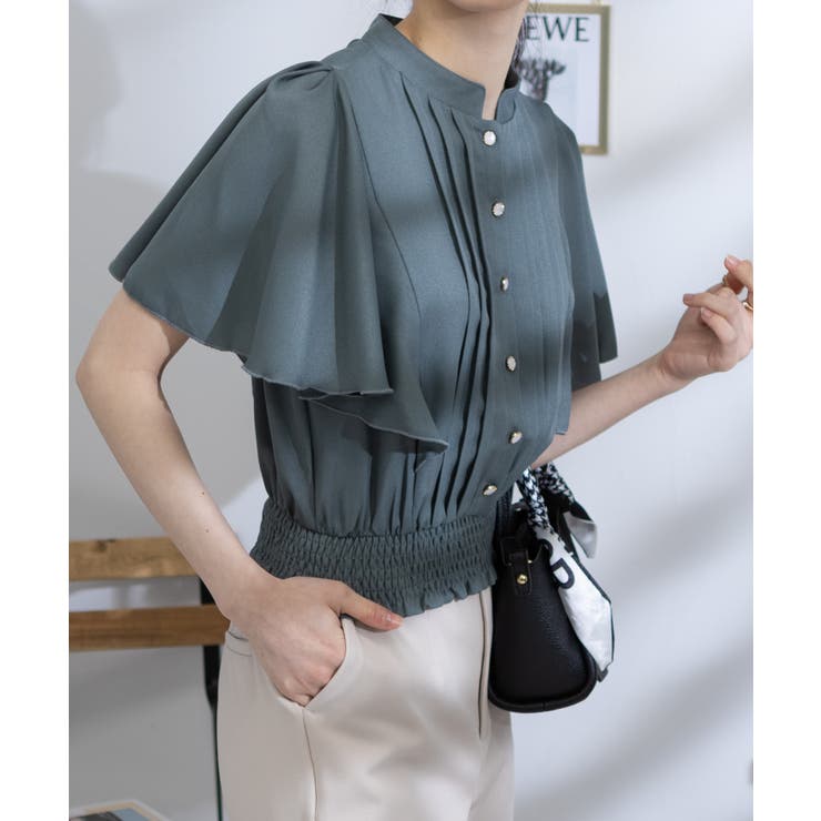 パールボタン ピンタック フレア袖 クロップド ブラウス | Pumpkin  Port | 詳細画像26 