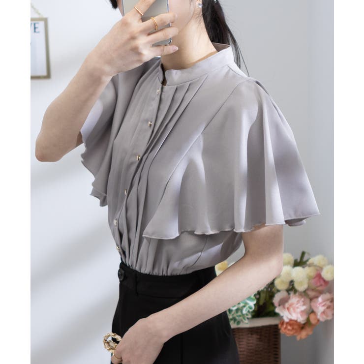 パールボタン ピンタック フレア袖 クロップド ブラウス | Pumpkin  Port | 詳細画像35 