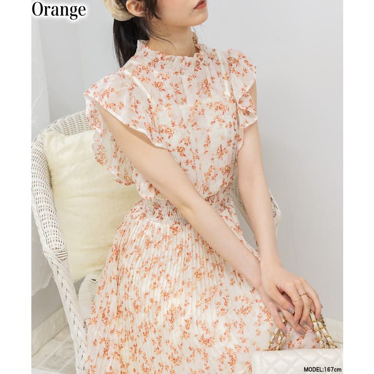 花柄 フリル袖 プリーツ ロングワンピース[品番：PPNW0004311