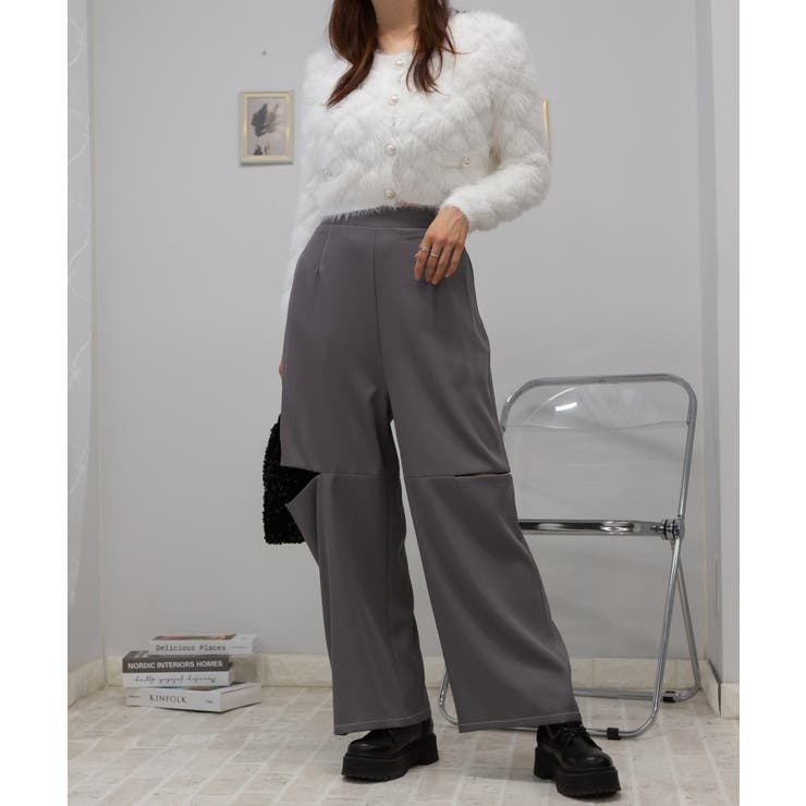2WAY サイド ファスナースリット ハイウエスト ワイドパンツ[品番