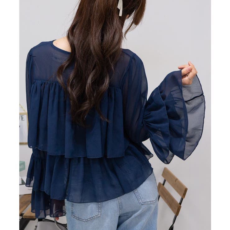 SZblockprints タッセルフリルブラウス Sサイズ 7色展開／S－LLサイズ》フリルタックスリーブキーネック