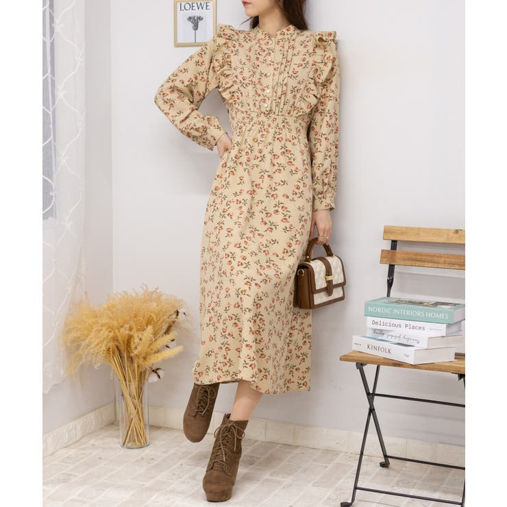 花柄 ピンタック フリル長袖 ロングワンピース[品番