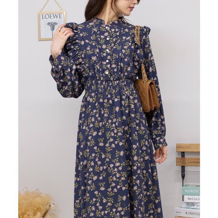 花柄 ピンタック フリル長袖 ロングワンピース[品番