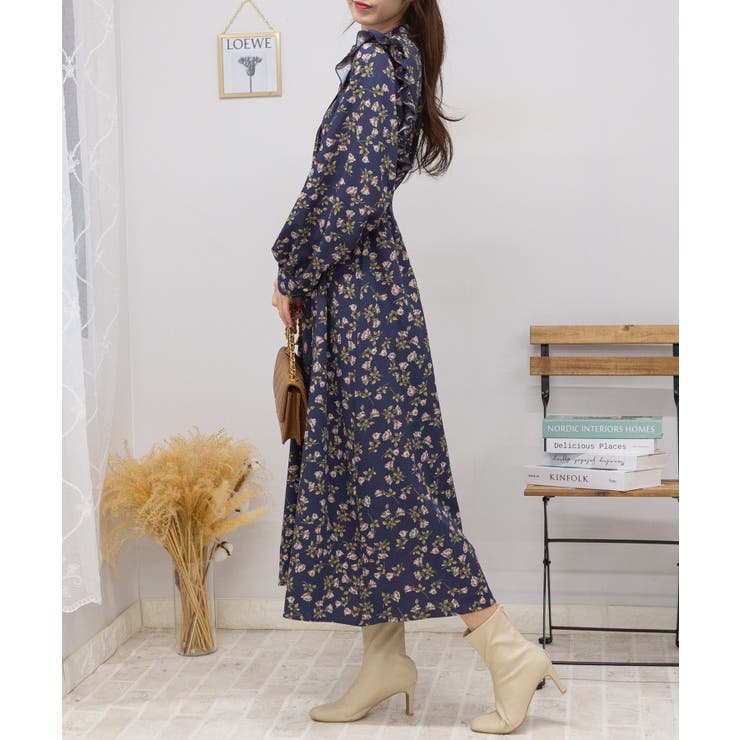 花柄 ピンタック フリル長袖 ロングワンピース[品番 花柄 ピンタック フリル長袖 ロングワンピース[品番