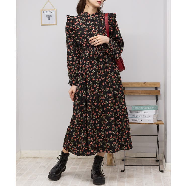 花柄 ピンタック フリル長袖 ロングワンピース[品番：PPNW0004452