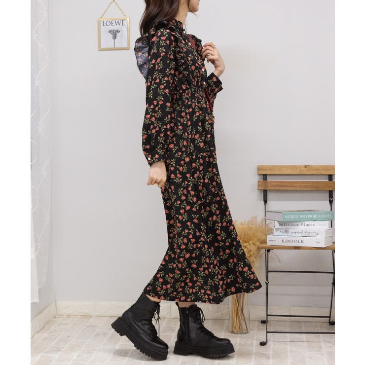 【blanc panier】花柄ロングワンピース バックリボン ピンタック blanc panier】花柄ロングワンピース バックリボン ピンタック