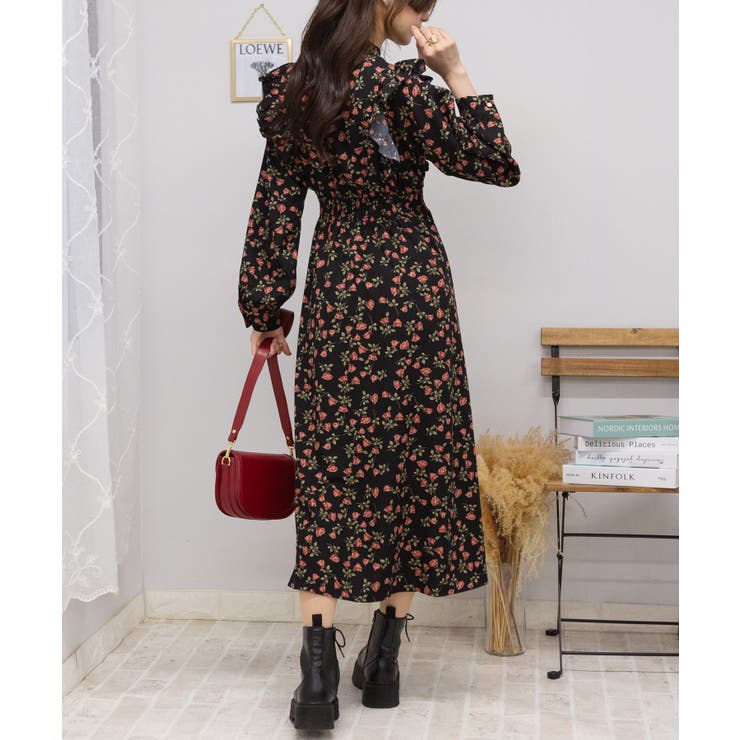 Bonpoint【新品タグ付き】花柄 フリル長袖 ワンピース 150cm14A 花柄 ピンタック フリル長袖 ロングワンピース[品番