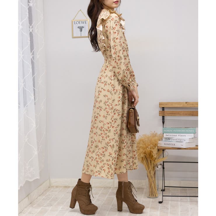 花柄 ピンタック フリル長袖 ロングワンピース[品番 花柄 ピンタック フリル長袖 ロングワンピース[品番