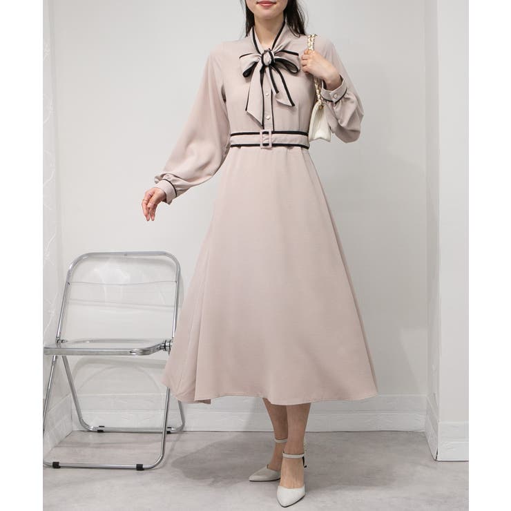 配色ボウタイリボン ベルト付ロングワンピース[品番：PPNW0004712