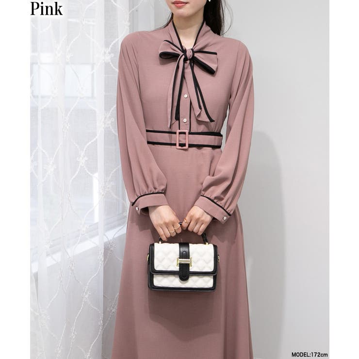 配色ボウタイリボン ベルト付ロングワンピース[品番：PPNW0004712