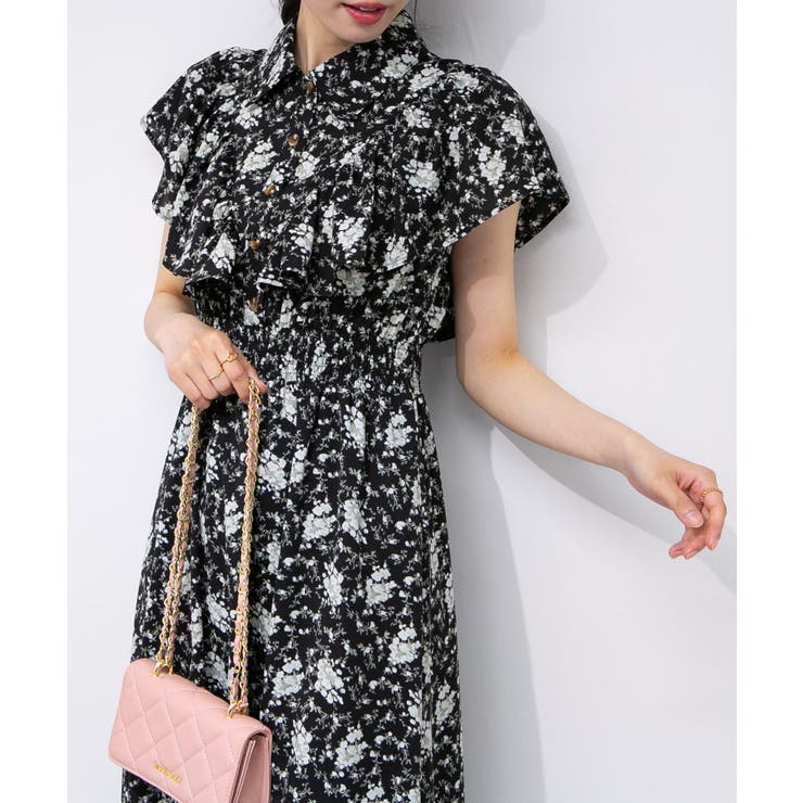 花柄 ラッフル袖 ウエストシャーリング ロングワンピース[品番
