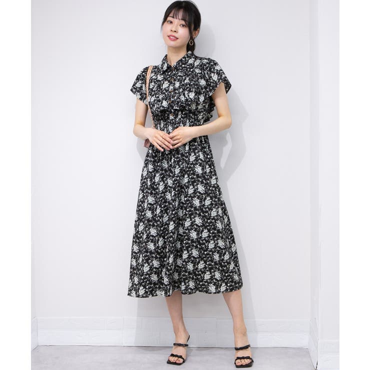 花柄 ラッフル袖 ウエストシャーリング ロングワンピース[品番