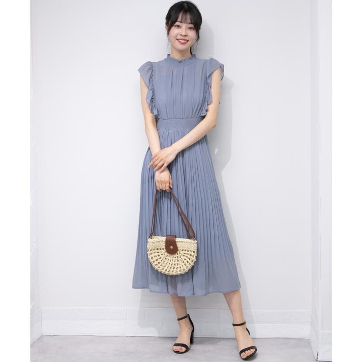 大量入荷 消しプリーツ フリルデザイン ロングワンピース[品番 ワンピース