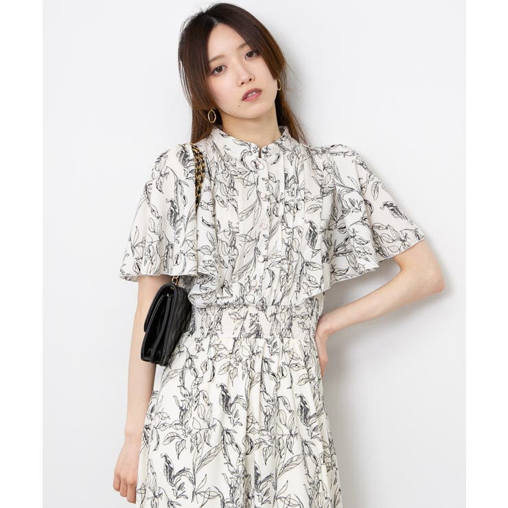 花柄 ピンタック フレア袖 ロングワンピース[品番：PPNW0004775
