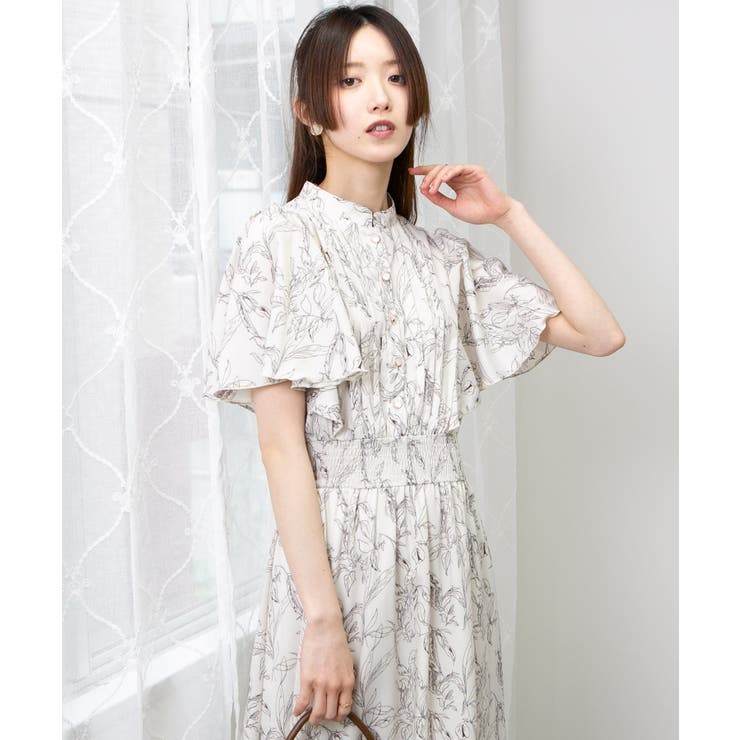 花柄 ピンタック フレア袖 ロングワンピース[品番：PPNW0004775
