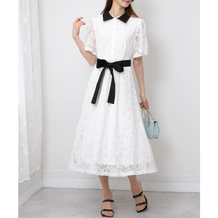 レース地 リボンベルト付 半袖 ワンピース | Pumpkin  Port | 詳細画像15 