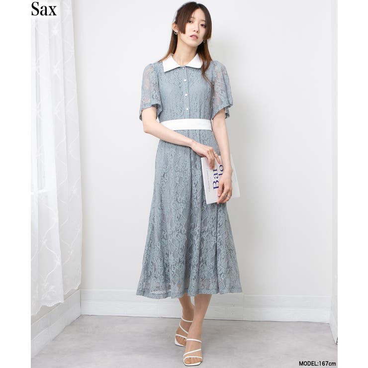 サックス | レース地 リボンベルト付 半袖 ワンピース | Pumpkin  Port