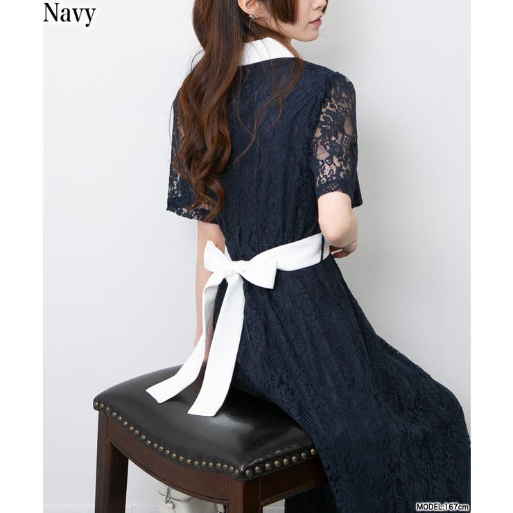 ネイビー | レース地 リボンベルト付 半袖 ワンピース | Pumpkin  Port