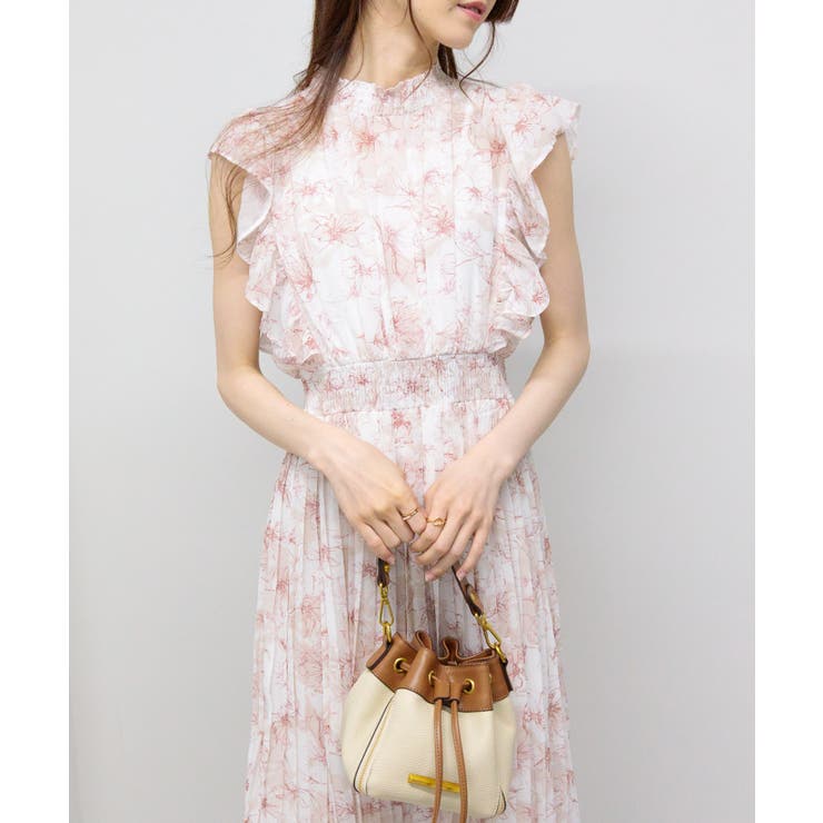 シフォン花柄フリル袖 消しプリーツ ロングワンピース[品番