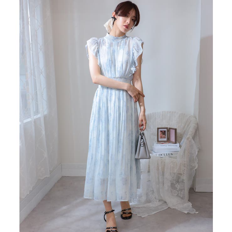水彩花プリント フリル袖 消しプリーツ ロングワンピース[品番