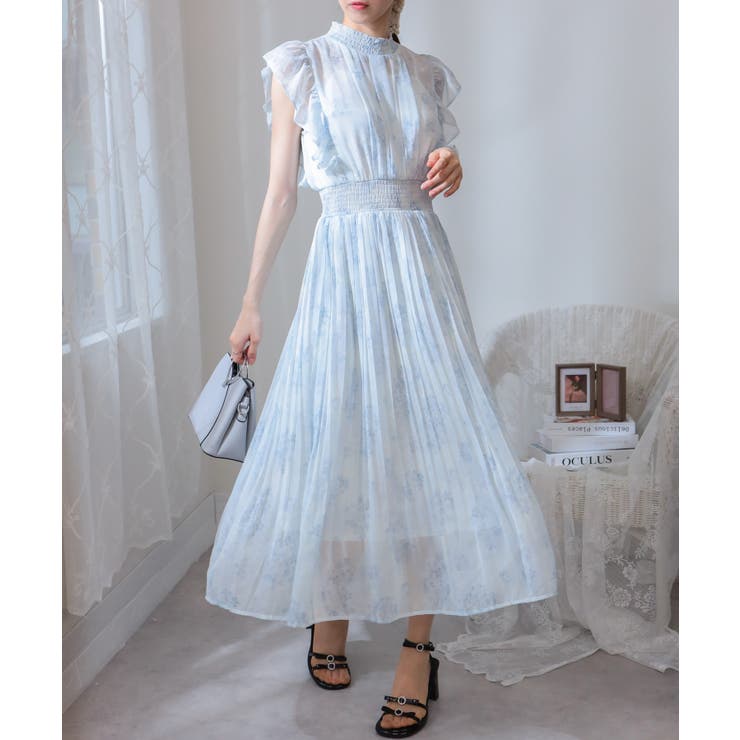 SinceThen上品 プリント フリル袖 ロング ワンピースドレス 水彩花プリント フリル袖 消しプリーツ ロングワンピース[品番